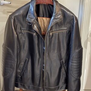 Men's Black Leather Vintage Motorcycle Jacket with reinforced elbow patches.